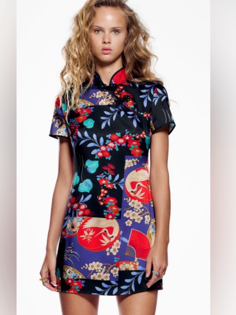 Zara Black Mini Dress with Red, Blue, Teal & Gold Floral Print